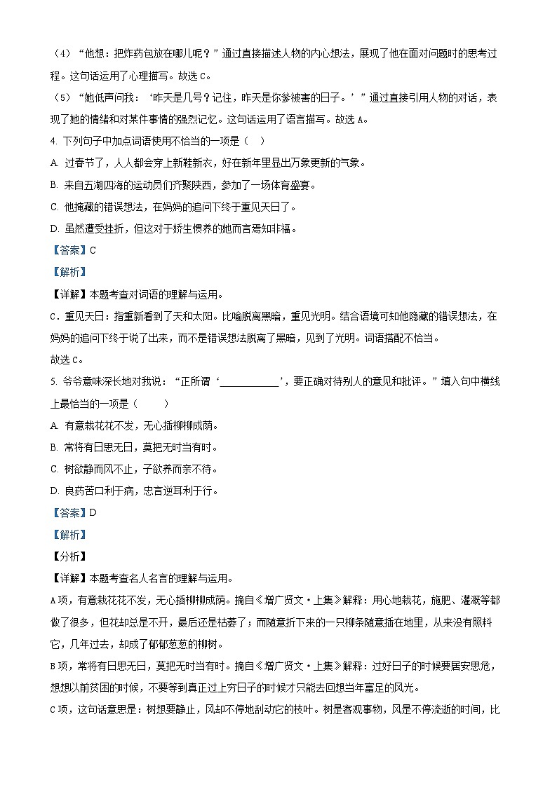 2022-2023学年陕西省咸阳市兴平市部编版六年级下册期中考试语文试卷（原卷版+解析版）03