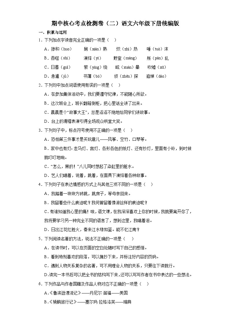 期中核心考点检测卷（二）语文六年级下册统编版01