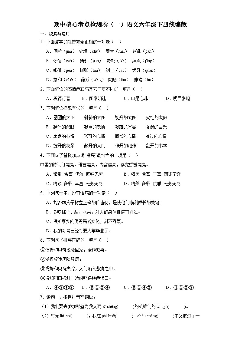 期中核心考点检测卷（一）语文六年级下册统编版01