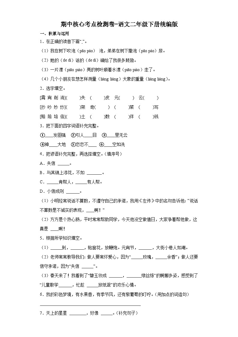 期中核心考点检测卷-语文二年级下册统编版01