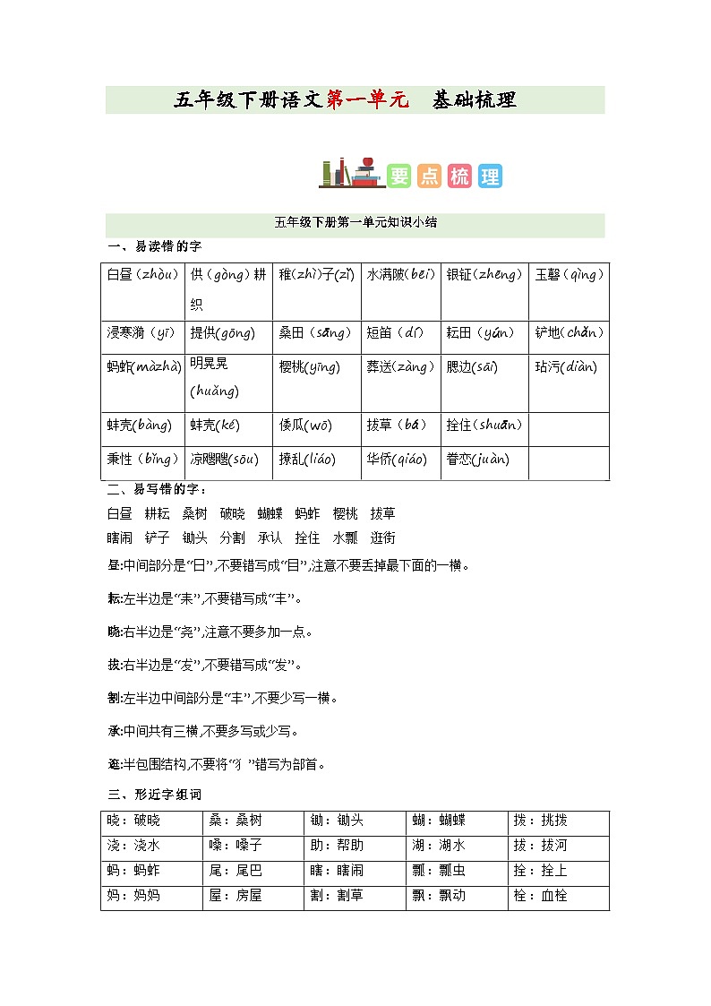 1、五年级下册语文 第一单元复习（讲义+检测）2023-2024学年五年级语文下册（部编版） (4)第1页