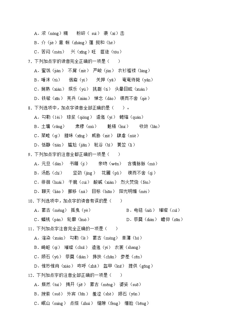 统编版语文六年级下册2024年小升初字音专项训练-（含答案）02