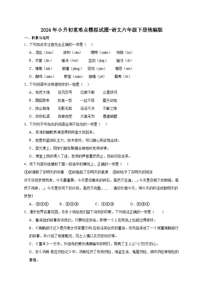 统编版语文六年级下册2024年小升初重难点模拟试题-(含答案)01