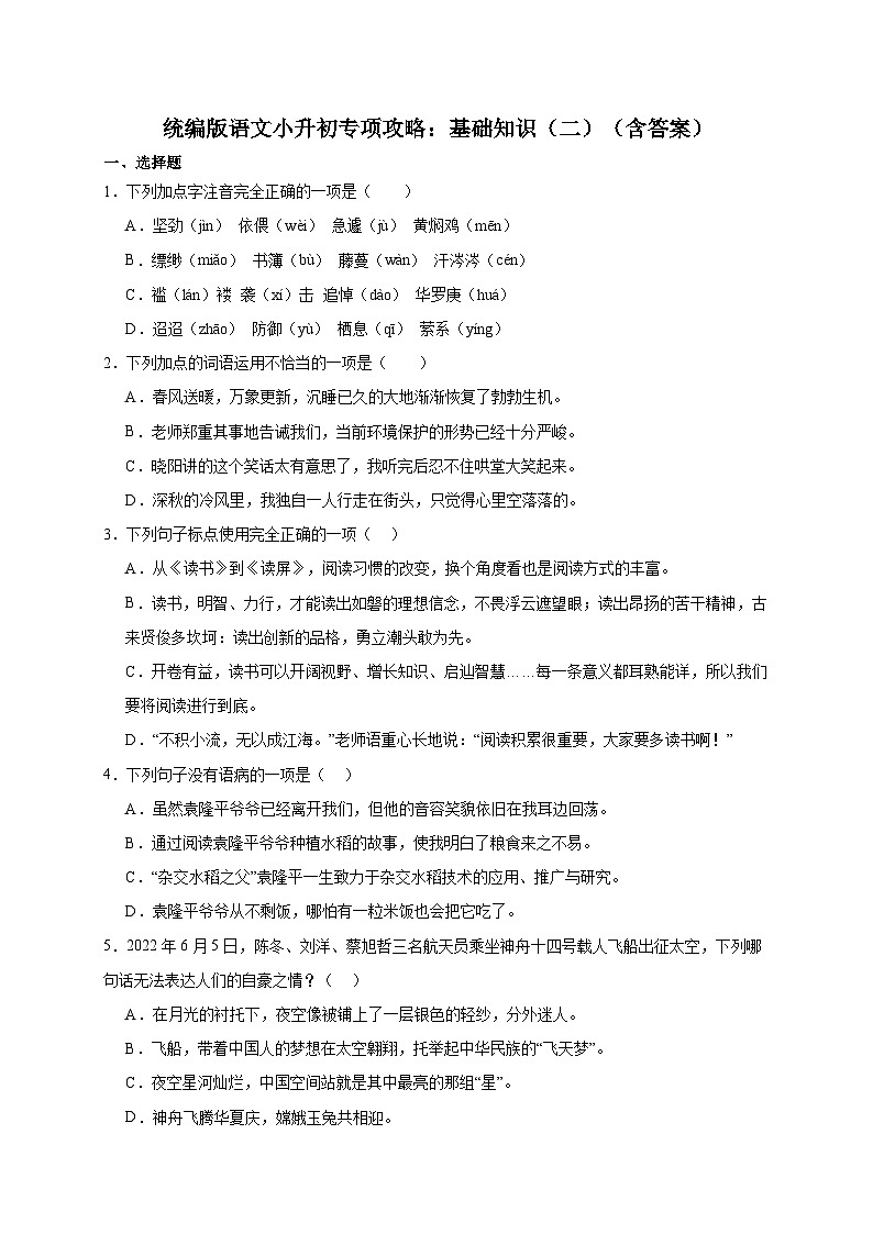 统编版语文小升初专项攻略：基础知识（二）（含答案）第1页