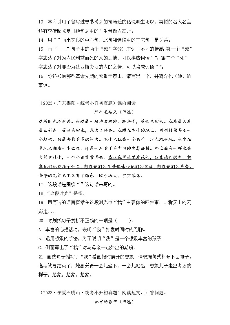 专题14 课内阅读-2023-2024学年小升初语文备考真题分类汇编（统编版）03