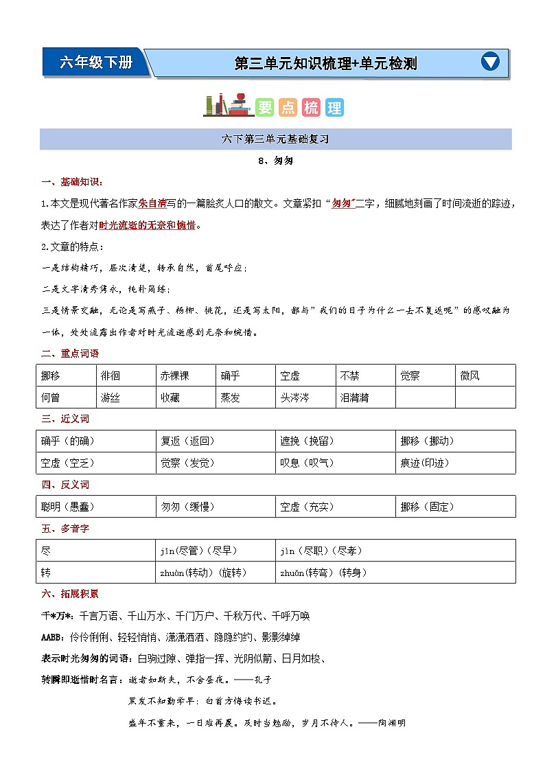 第三单元（知识清单）-2023-2024学年六年级语文下学期期中核心考点集训（统编版）01