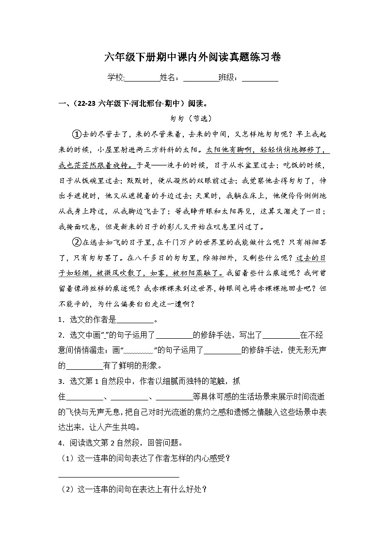 期中课内外阅读真题复习卷-2023-2024学年语文六年级下册+（统编版）01