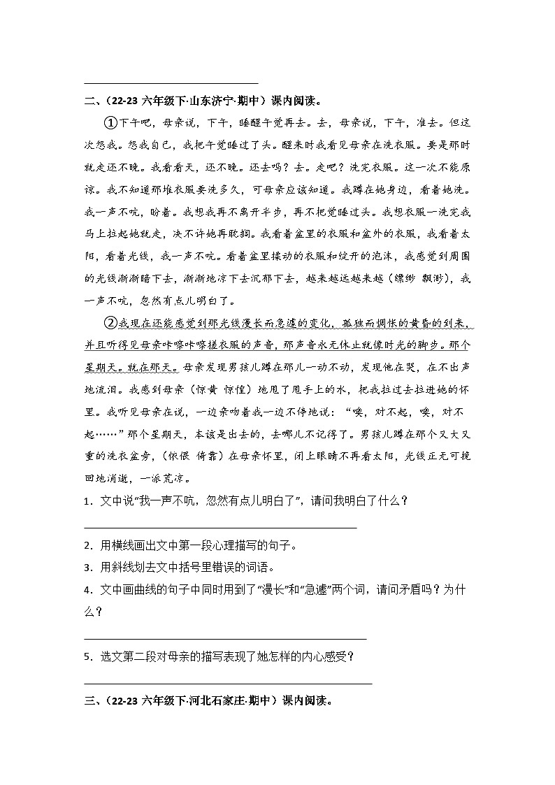 期中课内外阅读真题复习卷-2023-2024学年语文六年级下册+（统编版）02