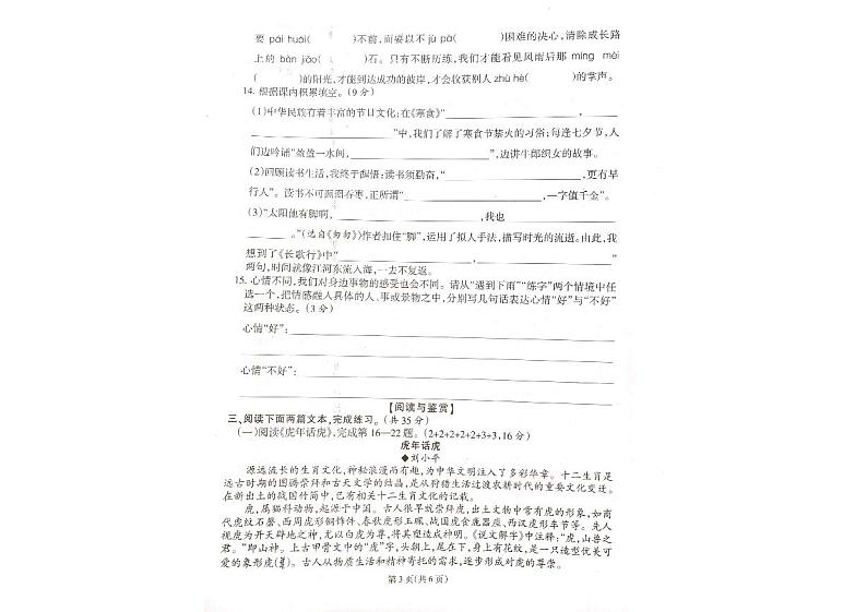 福建省泉州市南安市乐峰中心学区2023-2024学年六年级下学期期中考试语文试题第3页