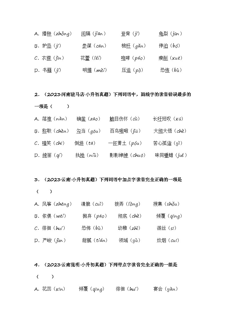专题01 字音辨析-备考2024年小升初语文真题知识点汇编 （全国版）02
