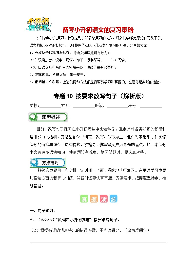 专题10 按要求改写句子-备考2024学年小升初语文真题知识点汇编 （全国版）01
