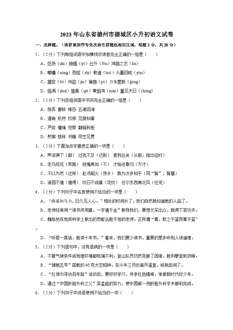 2023年山东省德州市德城区小升初语文试卷（含答案）01