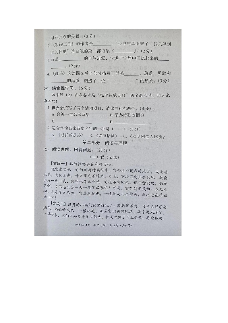 河北省隆尧县魏庄小学2023-2024学年四年级下学期期中语文试卷B第3页