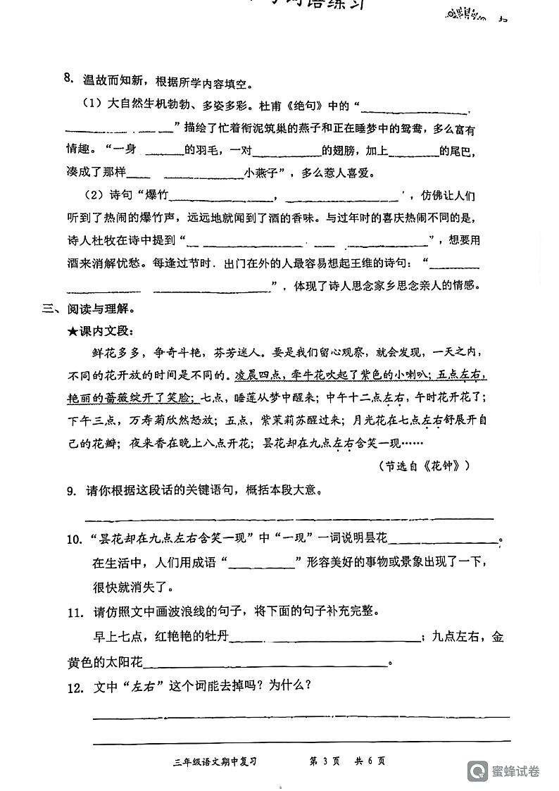 广东省深圳市罗湖区布心小学2023-2024学年三年级下学期期中语文试卷03