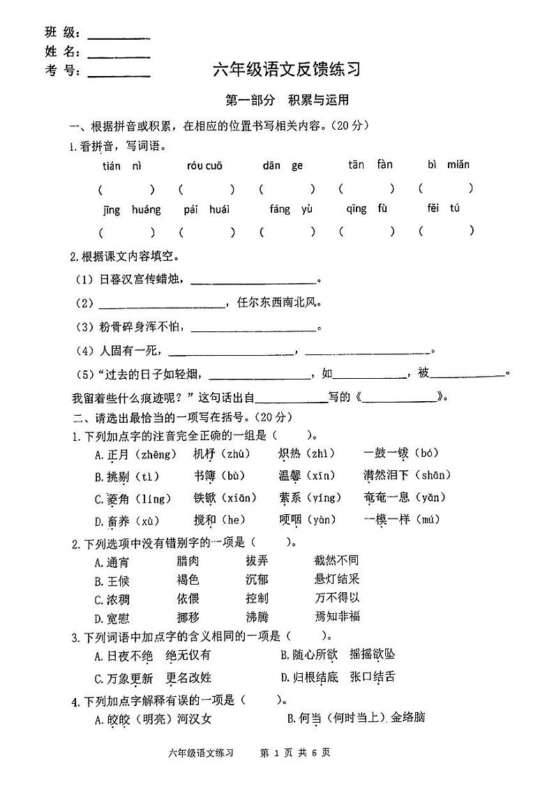 江苏省盐城市阜宁县2023-2024学年六年级下学期期中反馈语文试卷01
