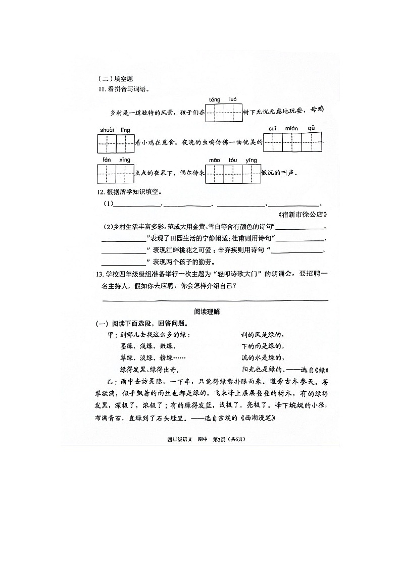 广东省深圳市龙岗区乐淮实验学校2023-2024学年四年级下学期4月期中语文试题02