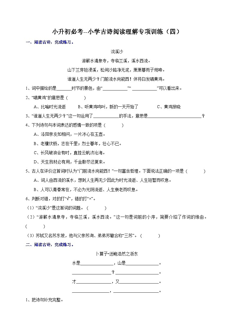 统部编版小升初语文必考古诗词阅读理解专项训练四（含答案）第1页
