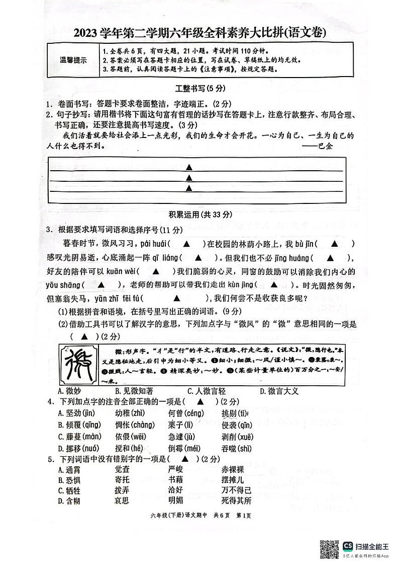 浙江省温州市苍南县2023-2024学年六年级下学期期中语文试题第1页