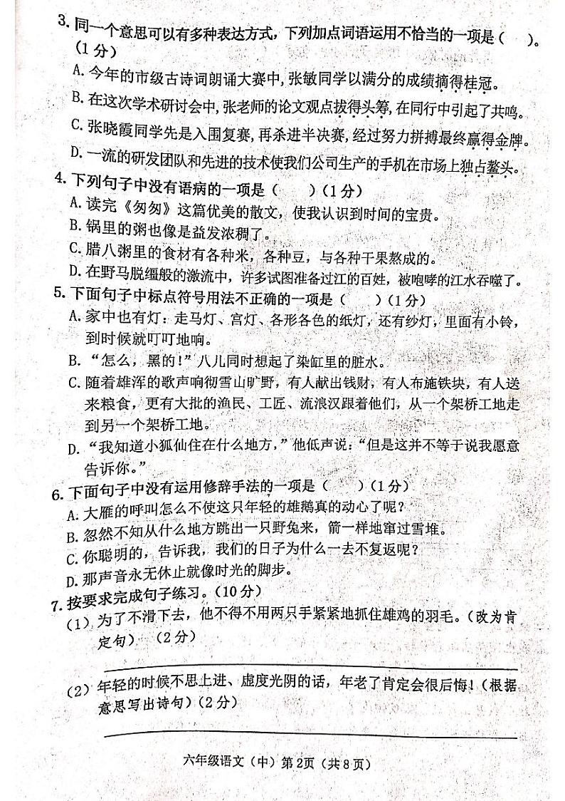 山西省吕梁市离石区光明小学2023-2024学年六年级下册语文期中测试卷第2页