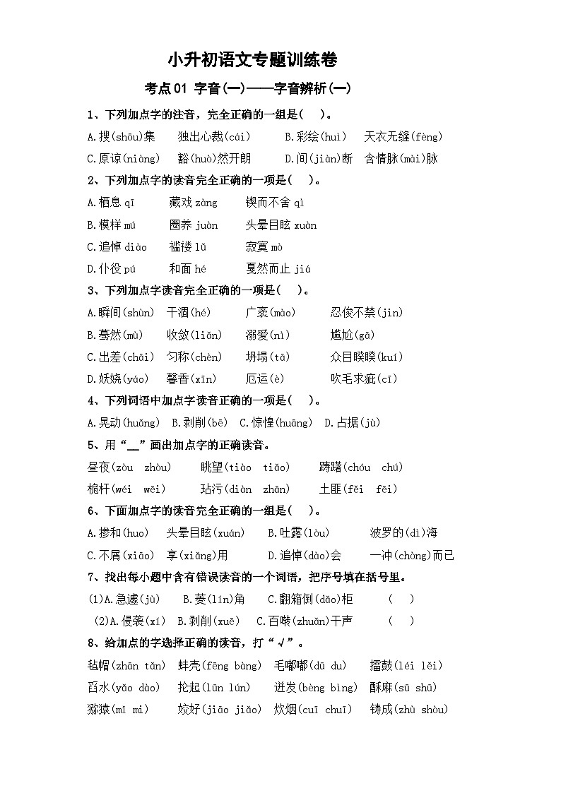 考点01 字音(一)：字音辨析(一)-2024年小升初语文专题训练（统编版）01