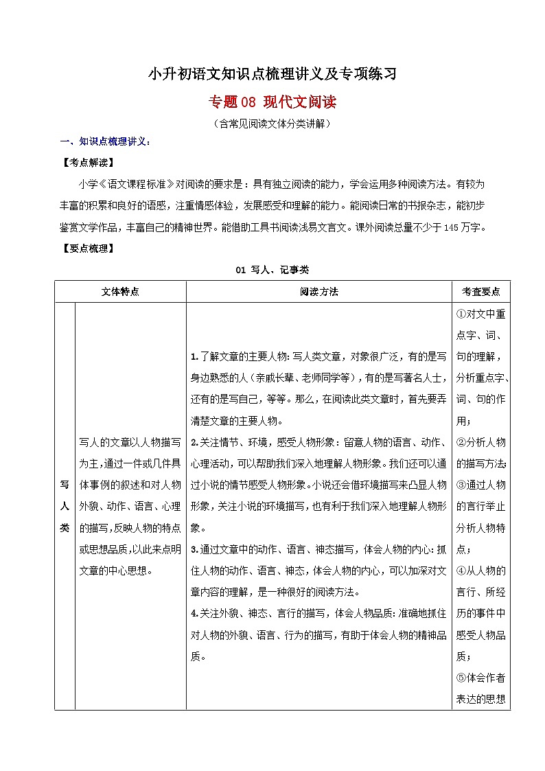 专题08 现代文阅读-人教部编版统编版小升初语文知识点梳理讲义及专项练习01