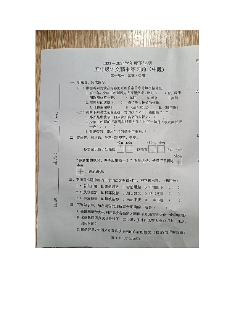 广东省东莞市2023-2024学年五年级下学期4月期中语文试题01