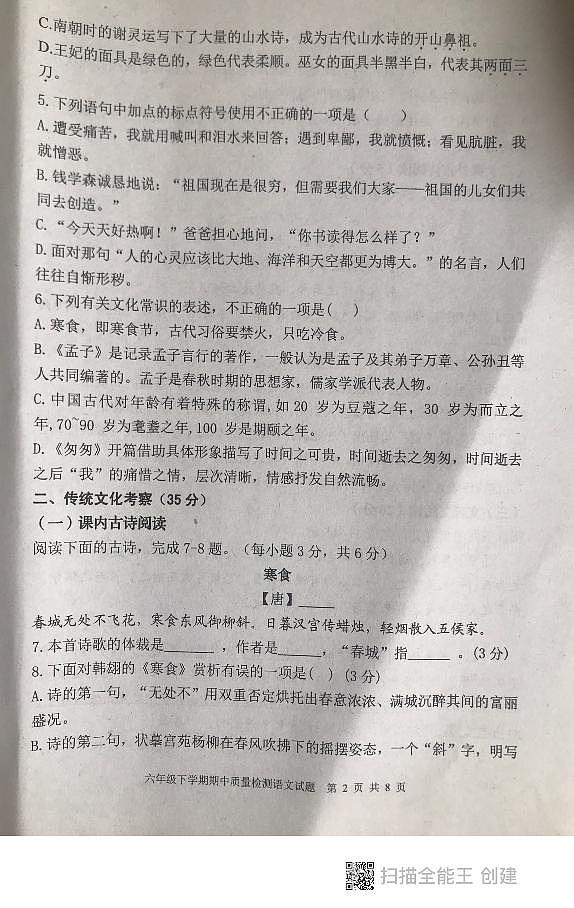 山东省泰安市东平县2023-2024学年六年级下学期期中考试语文试题第2页
