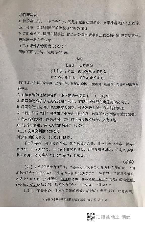 山东省泰安市东平县2023-2024学年六年级下学期期中考试语文试题第3页