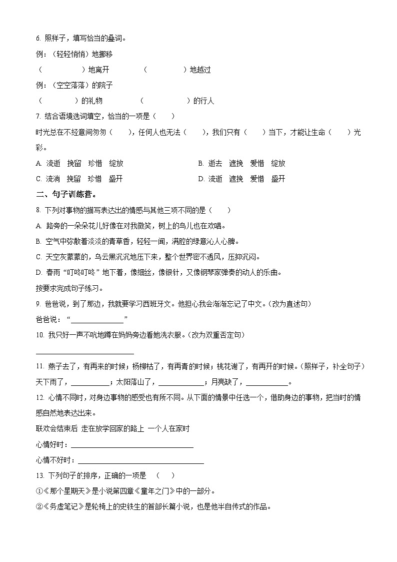 2023-2024学年河南省周口市沈丘县县直小学等校部编版六年级下册期中考试语文试卷（原卷版+解析版）02