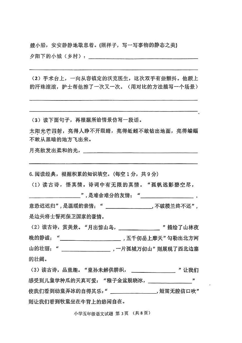 吉林省四平市双辽市2023-2024学年五年级下学期期中测试语文试卷03