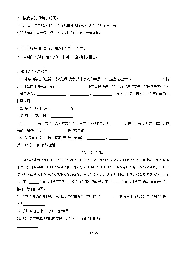 2023-2024学年河南省信阳市息县部编版四年级下册期中考试语文试卷（原卷版+解析版）02