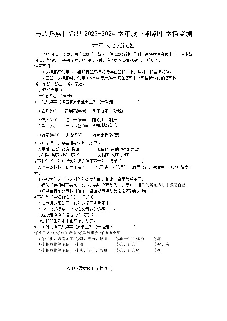 四川省乐山市马边彝族自治县2023-2024学年六年级下学期期中学情监测语文试题01