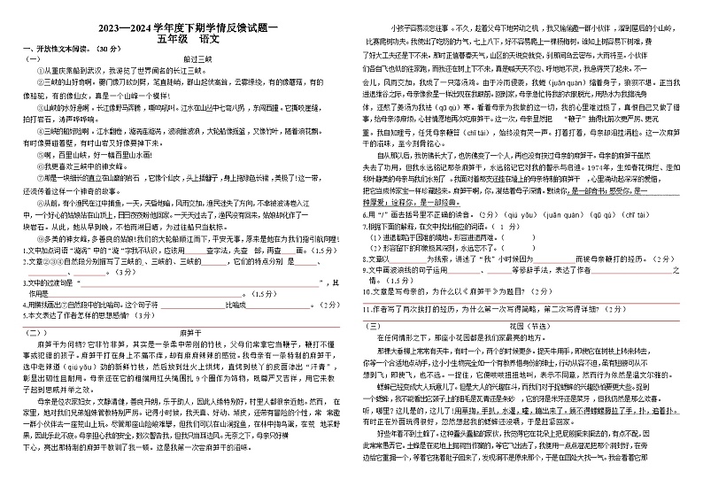 河南省驻马店市确山县2023-2024学年五年级下学期4月月考语文试题01