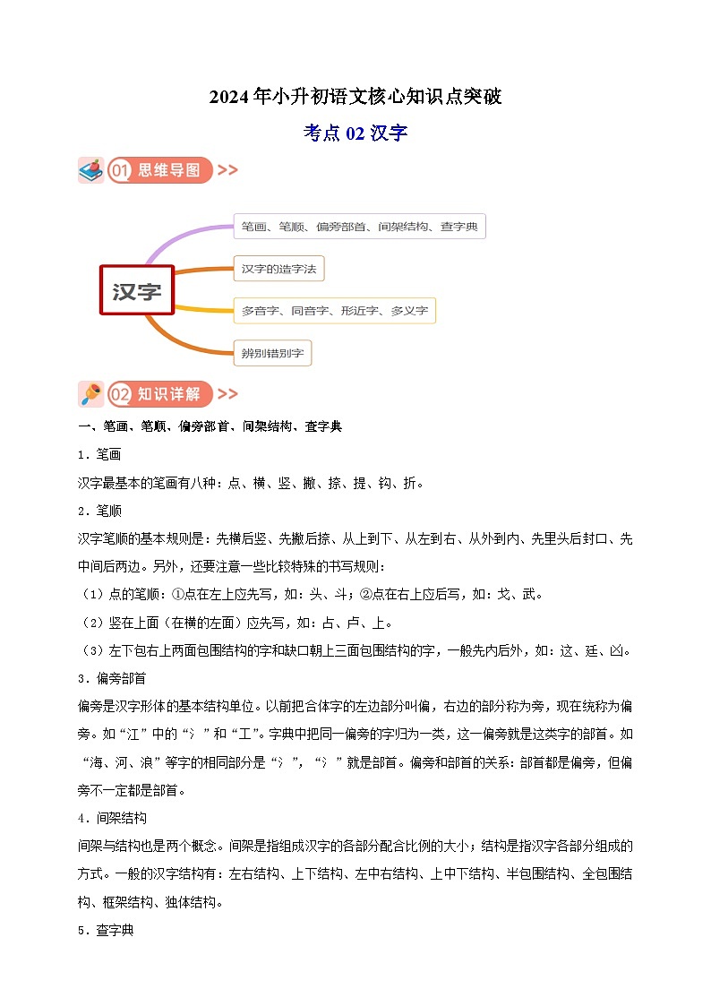 考点02 汉字-2024年小升初语文核心知识点突破练习01