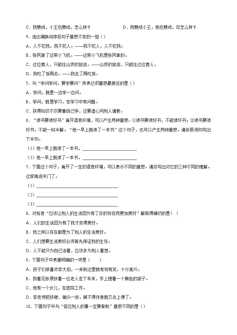 考点09 理解句意-2024年小升初语文核心知识点突破练习03