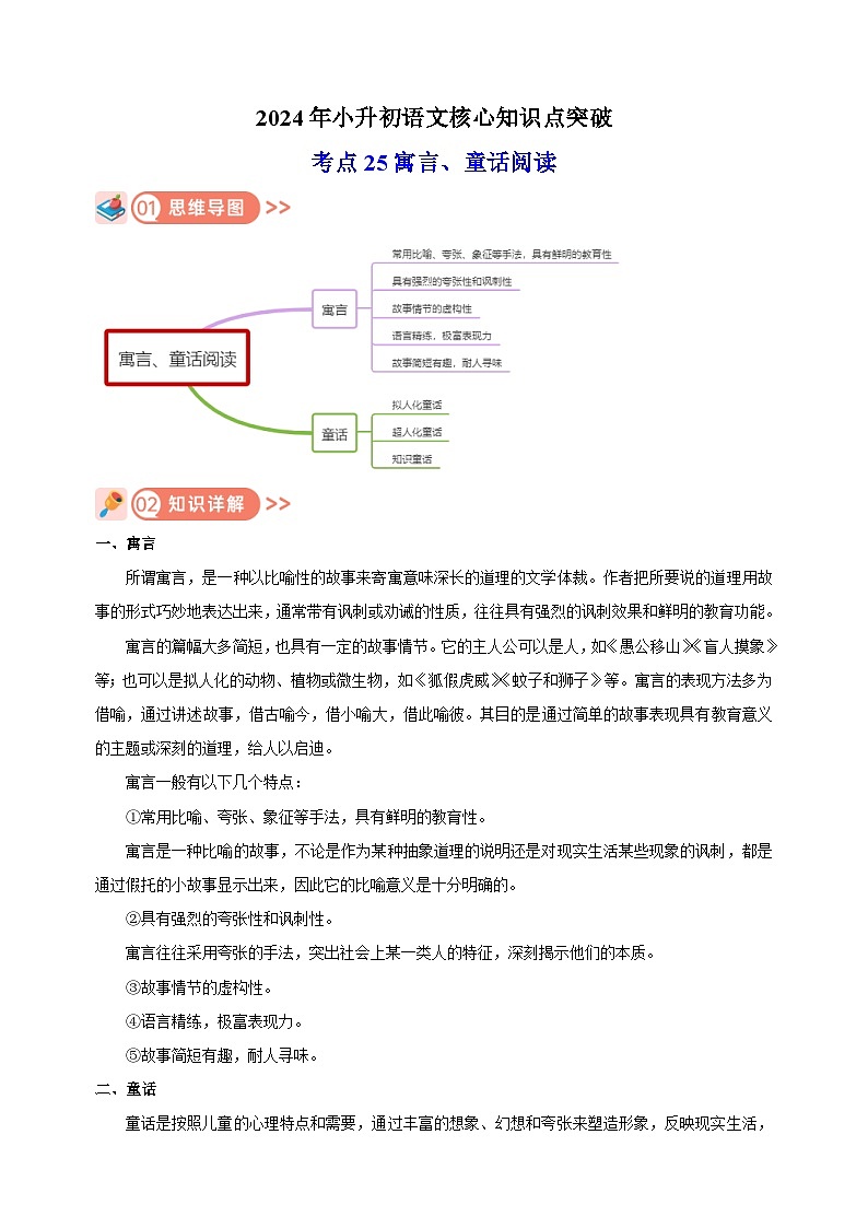 考点25 寓言、童话阅读-2024年小升初语文核心知识点突破练习01