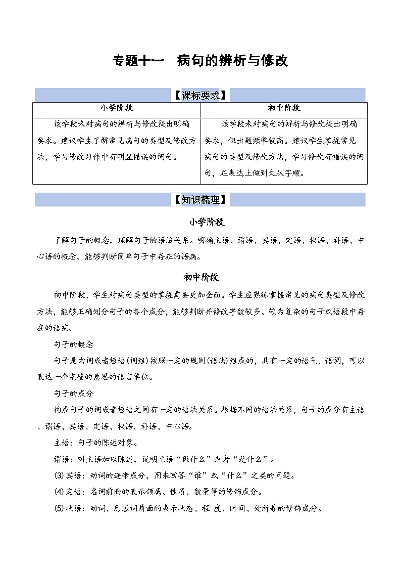 【小升初语文真题】专题11病句的辨析与修改-2024小升初语文专项复习01