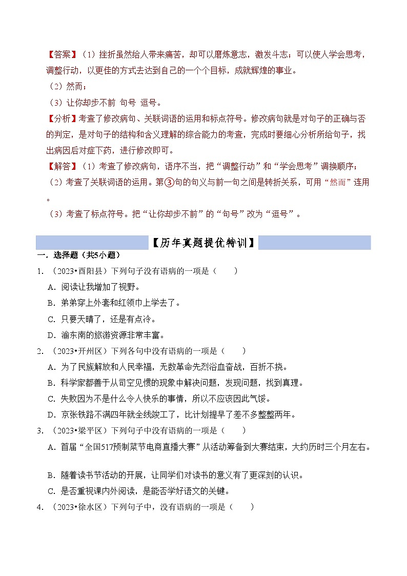 【小升初语文真题】专题11病句的辨析与修改-2024小升初语文专项复习03