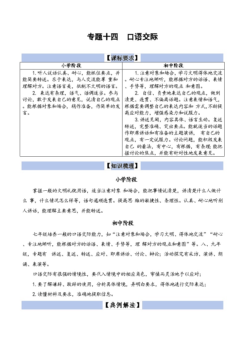 【小升初语文真题】专题14++口语交际-2024小升初语文专项复习第1页