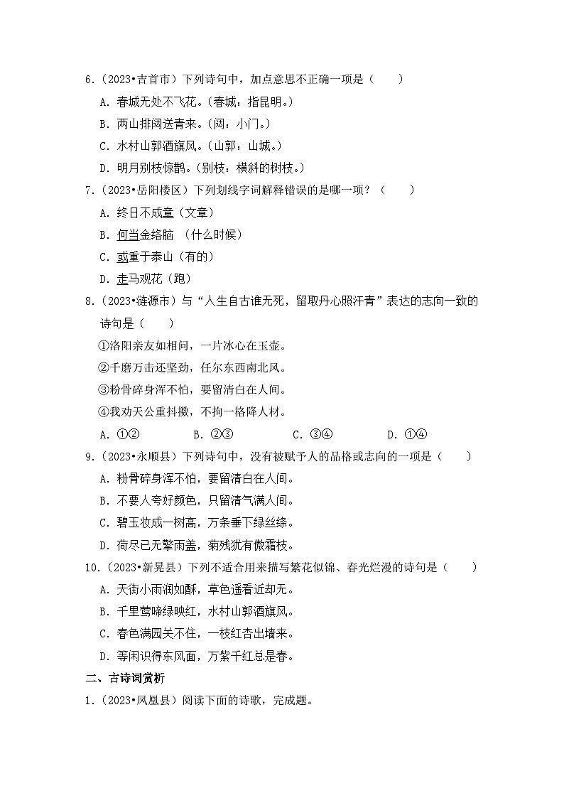 专题05+古诗词鉴赏-2023-2024学年小升初语文备考真题分类汇编（湖南专版）02