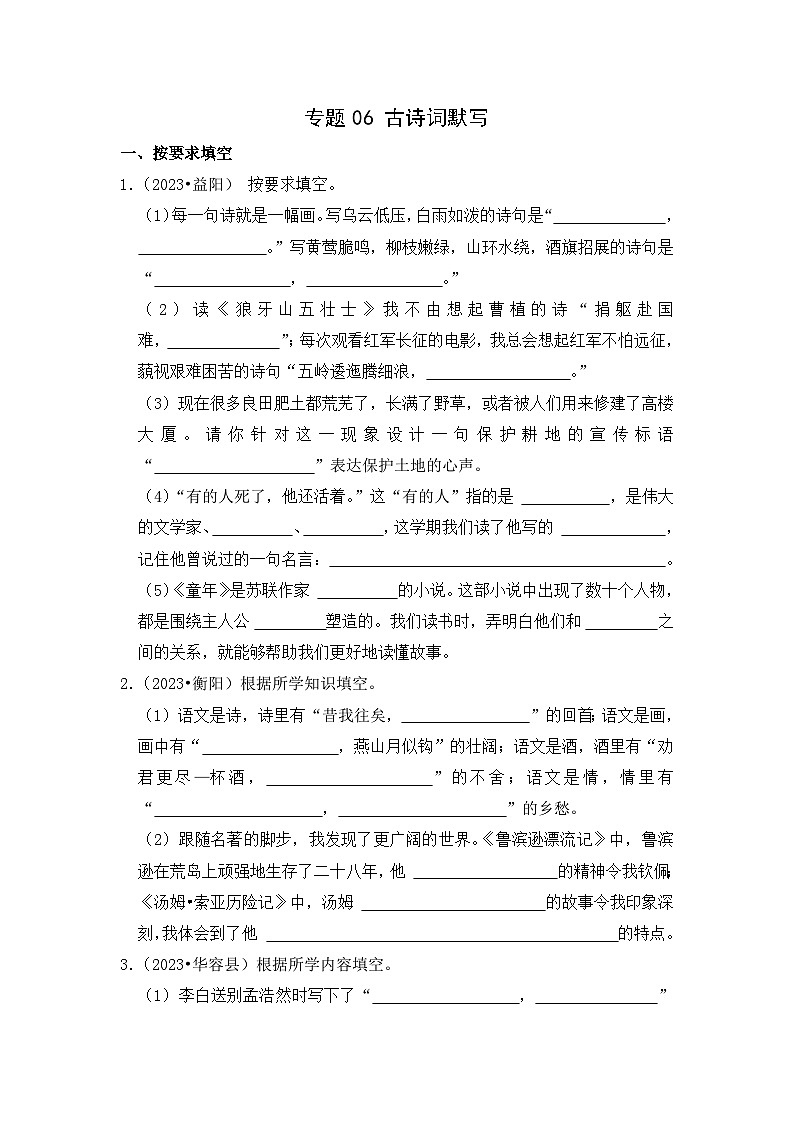 专题06+古诗词默写-2023-2024学年小升初语文备考真题分类汇编（湖南专版）01