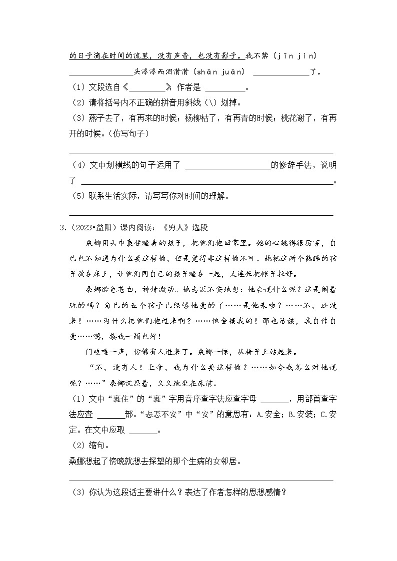 专题09+课内阅读-2023-2024学年小升初语文备考真题分类汇编（湖南专版）02