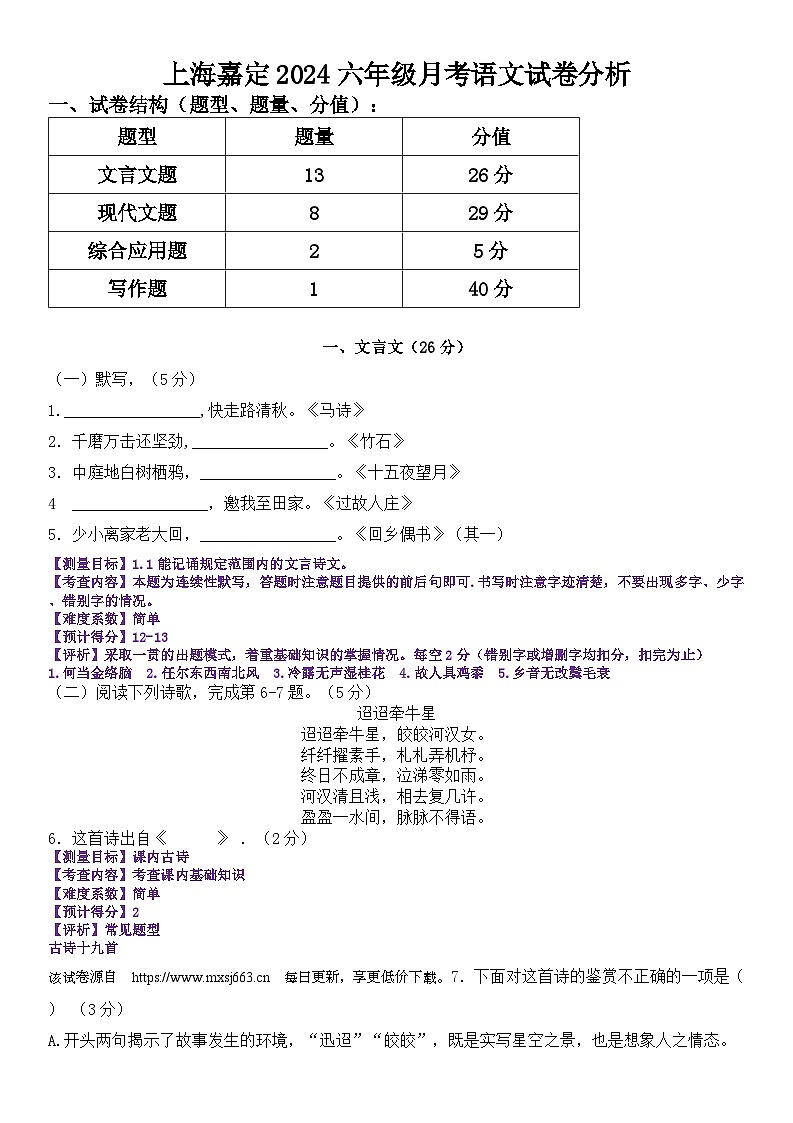 上海市嘉定区2023—2024这年六年级下学期期中考试语文试题第1页