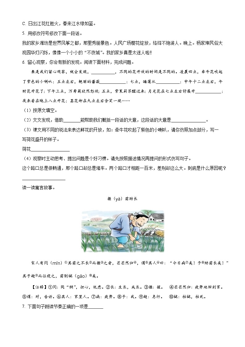 2023-2024学年山东省潍坊市寒亭区部编版三年级下册期中考试语文试卷（原卷版+解析版）02