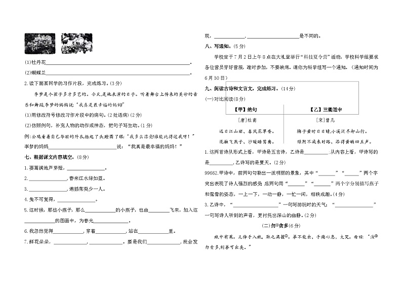 01，期中综合测试-2023-2024学年三年级下册语文统编版02