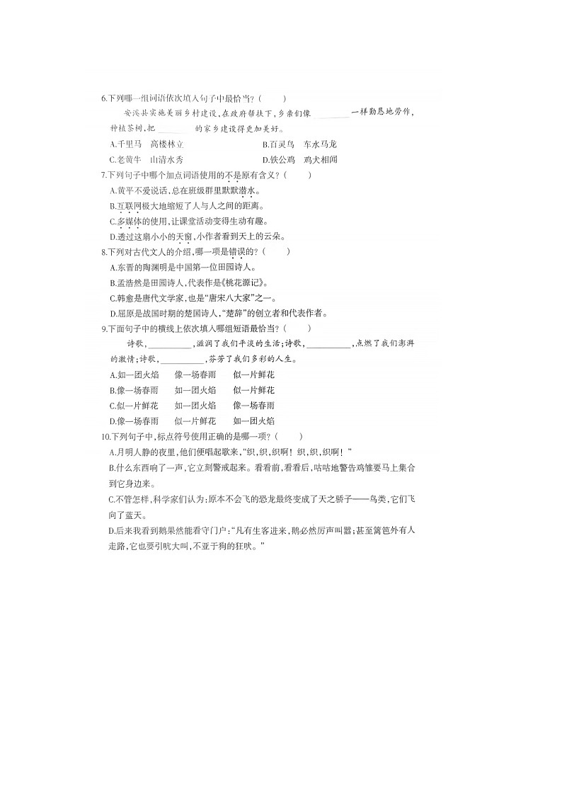 43，福建省泉州市丰泽区2023-2024学年四年级下学期期中阶段检测语文试卷02