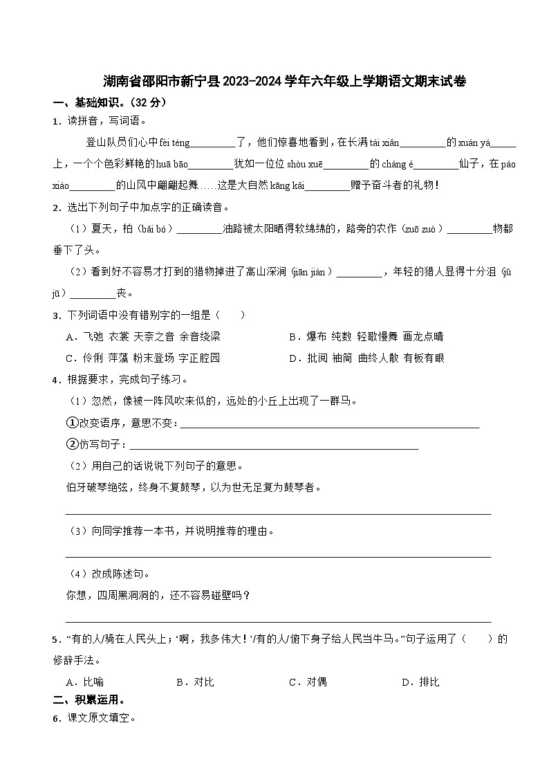湖南省邵阳市新宁县2023-2024学年六年级上学期语文期末试卷第1页