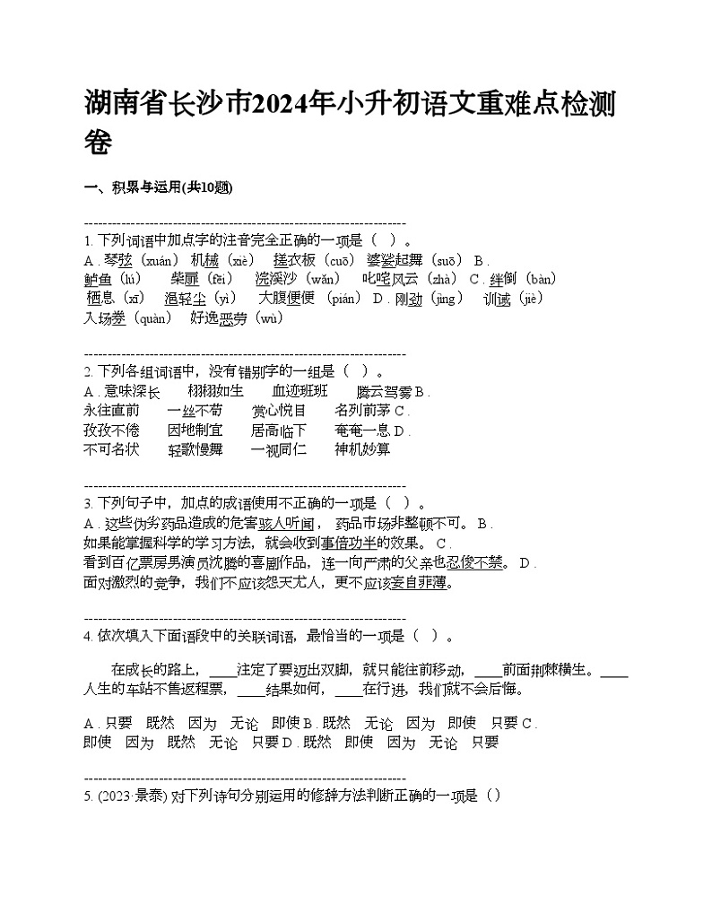 湖南省长沙市2024年小升初语文重难点检测卷第1页