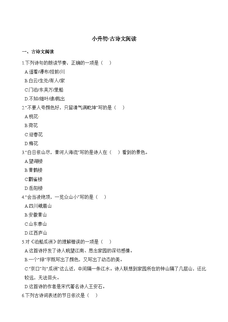 古诗专项练习-小升初语文1（含答案）第1页