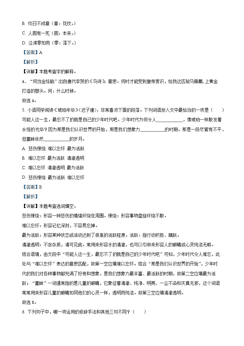 2023-2024学年江苏省南通市启东市部编版六年级下册期中考试语文试卷（解析版）第3页